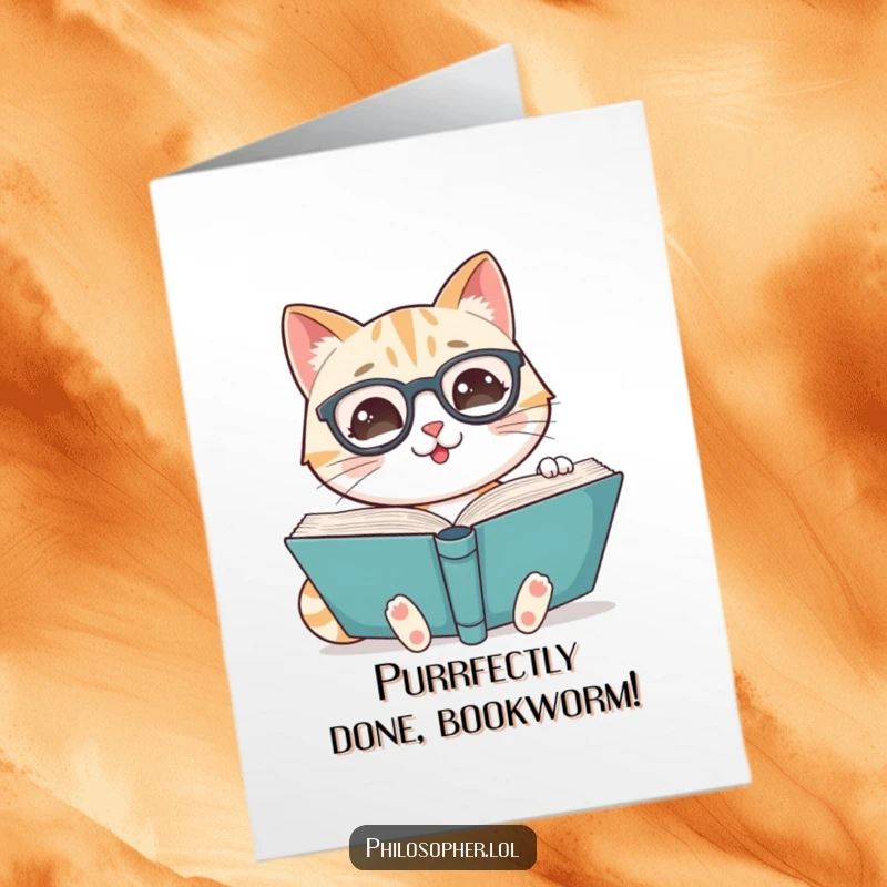 Free Printable Congratulations Card: A smiling cat wearing spectacles engrossed in reading a large book.