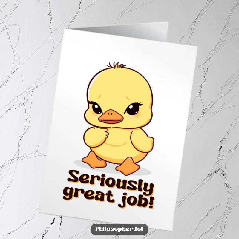 Funny Free Printable Congratulations Card: A wobbly duckling thinks deeply with furrowed brows, celebrating their smarts.