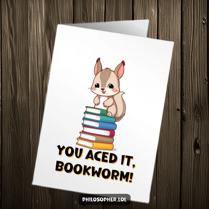 Funny Free Printable Congrats Card: Squirrel triumphantly balancing a huge stack of books, downloadable celebration.