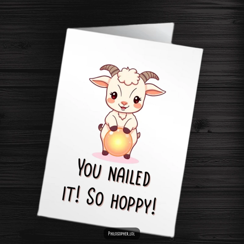 Free Printable Congratulations Card: A bouncy goat balancing a small, luminous orb, celebrating success.