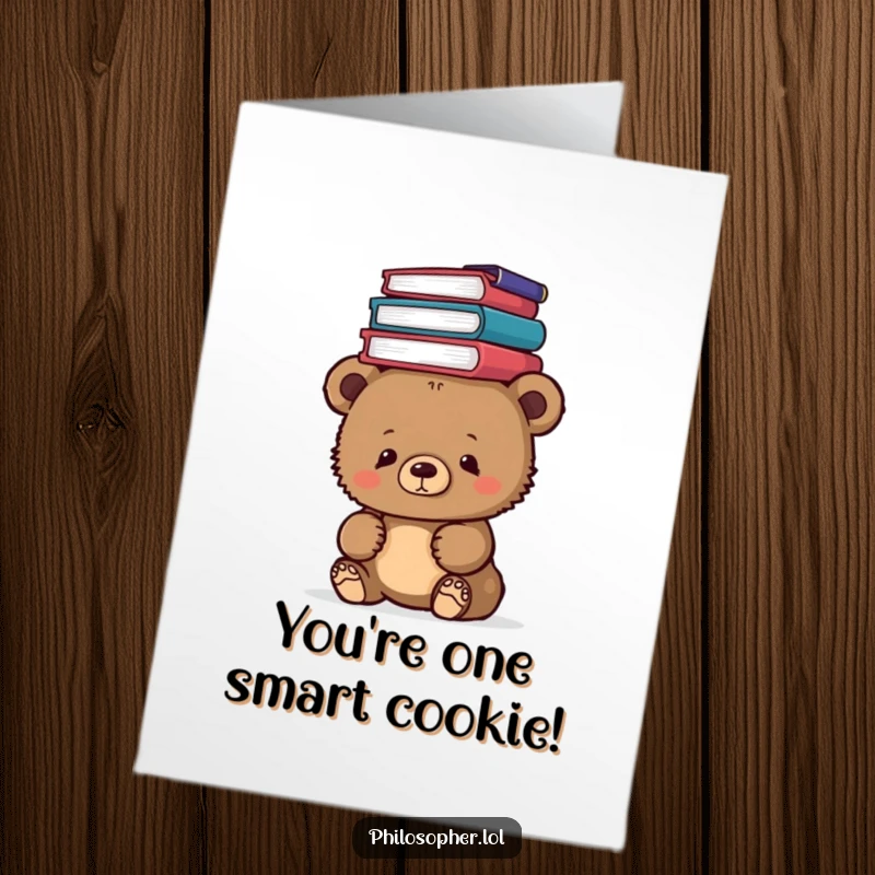 Funny Free Printable congratulations card: A curious bear cub stoically balances a stack of weighty philosophy books on its head.