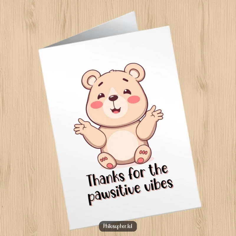 Funny Free Printable Bear Thank You Card featuring a smiling bear explaining with exaggerated gestures, ready to download.