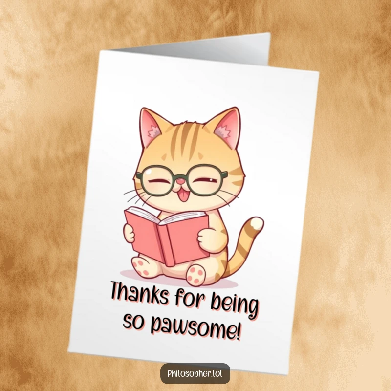 Funny free printable thank you card of a giggling cat in glasses reading a miniature book. A delightful way to say thanks.