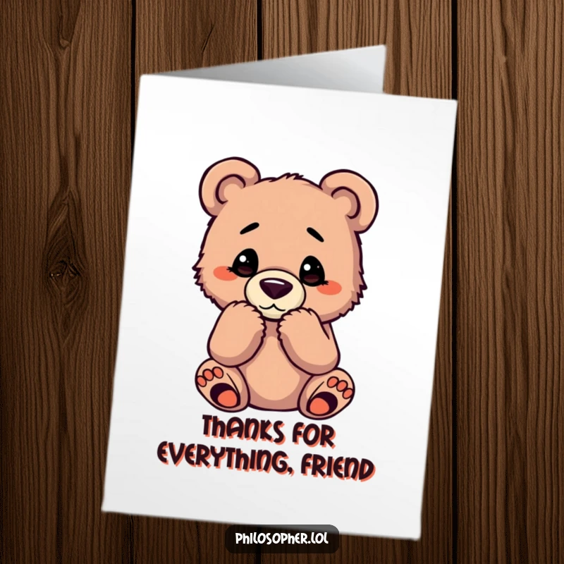 Funny Free Printable Thank You Card featuring a bear cub in a pensive, classic thinking pose, expressing gratitude.