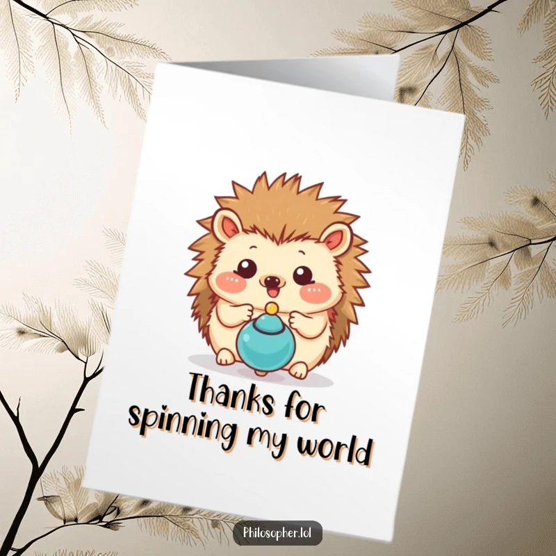 Funny Free Printable Hedgehog Thank You Card with a hedgehog captivated by a spinning top, ready to download.