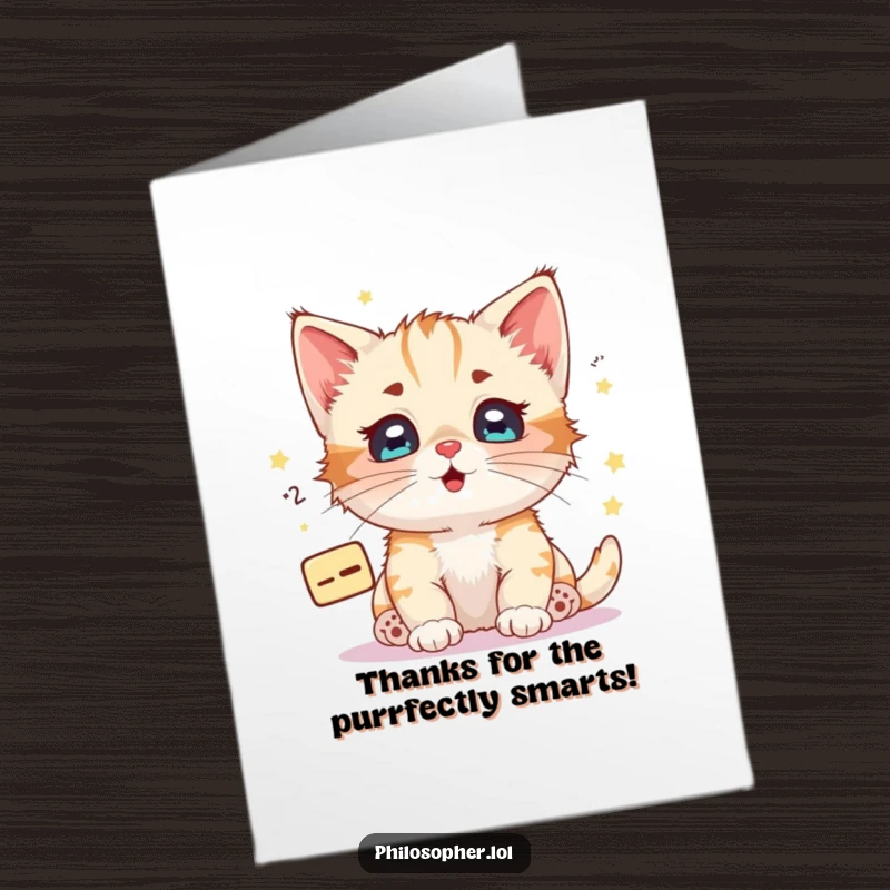 Funny free printable thank you card of a kitten with starry eyes pondering a math equation. A stellar way to say thanks.