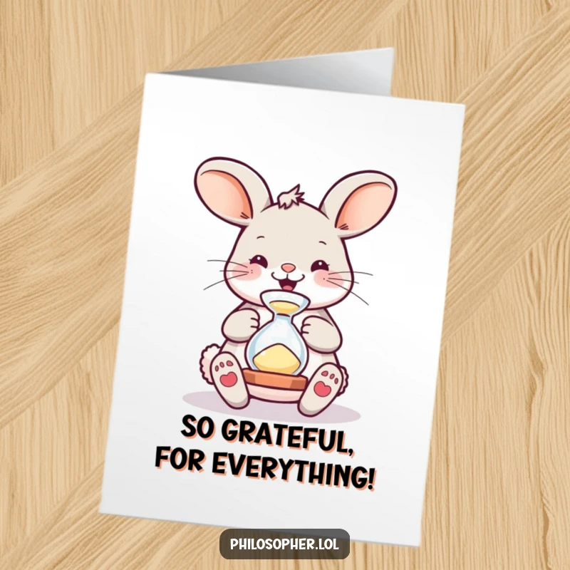 Funny free printable thank you card: A contented bunny sips tea while watching sand in an hourglass, appreciating time spent.