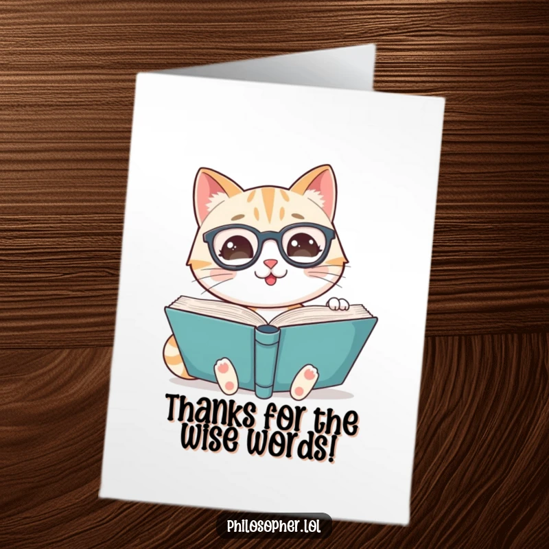 Funny Free Printable Thank You Card: A smiling cat wearing spectacles reading a large book, looking wise.