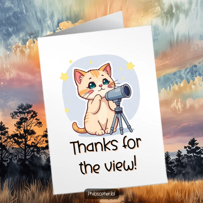 Funny free printable thank you card showing a curious cat gazing at stars through a telescope with gratitude.