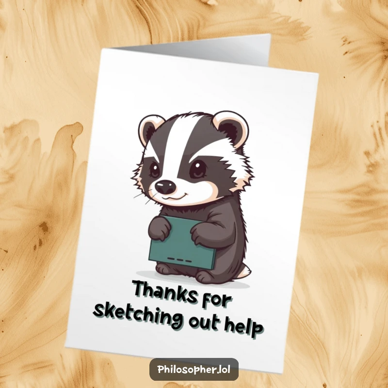 Funny Free Printable Thank You Card: A determined badger concentrating on sketching on a small chalkboard, conveying thanks artistically.