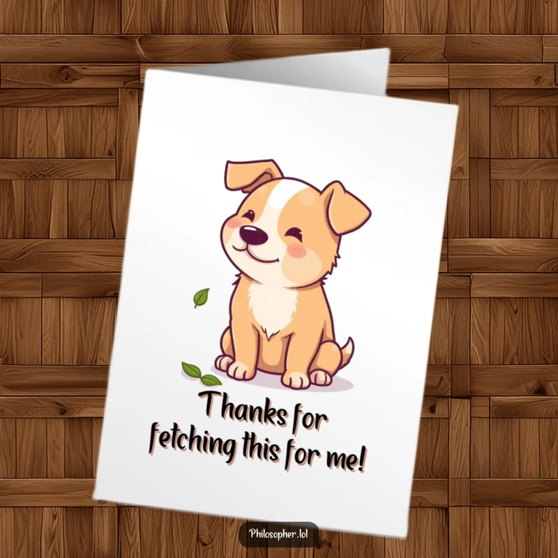 Funny Free Printable Thank You Card: A happy dog pondering a single leaf, showing thanks with gentle humor.