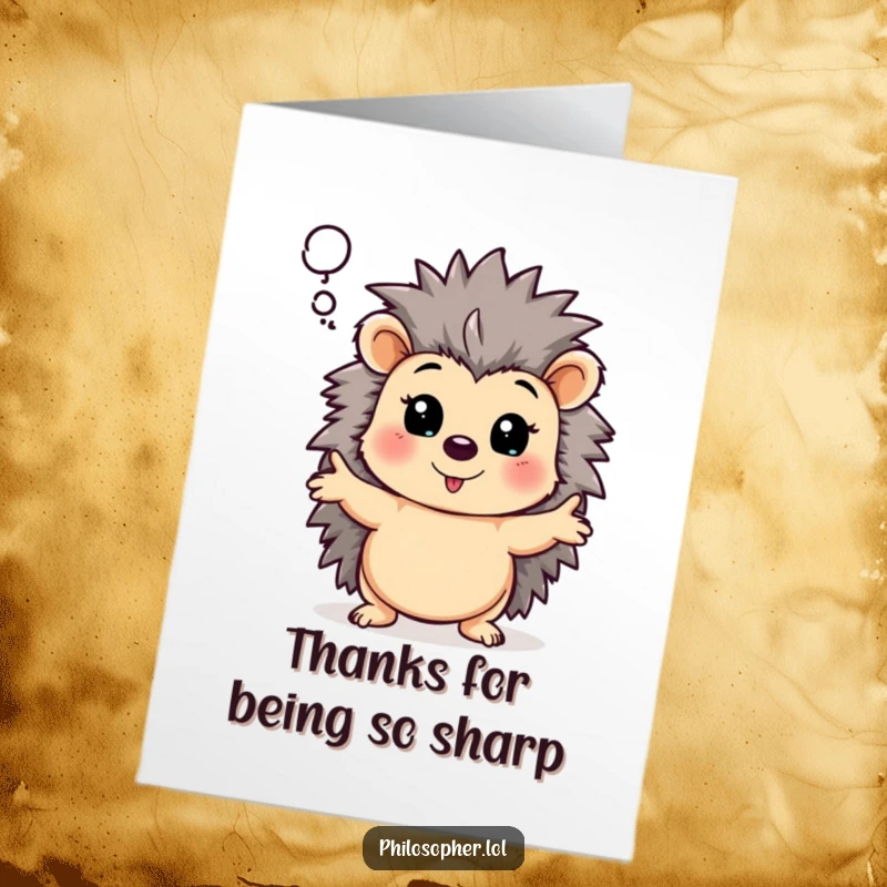 Funny Free Printable Thank You Card: Hedgehog dramatically gestures profound thoughts, a thoughtful downloadable gift.