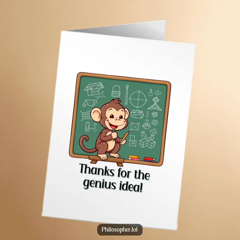 Funny Free Printable Thank You Card: A cheerful monkey sketching complex, intelligent diagrams on a chalkboard.