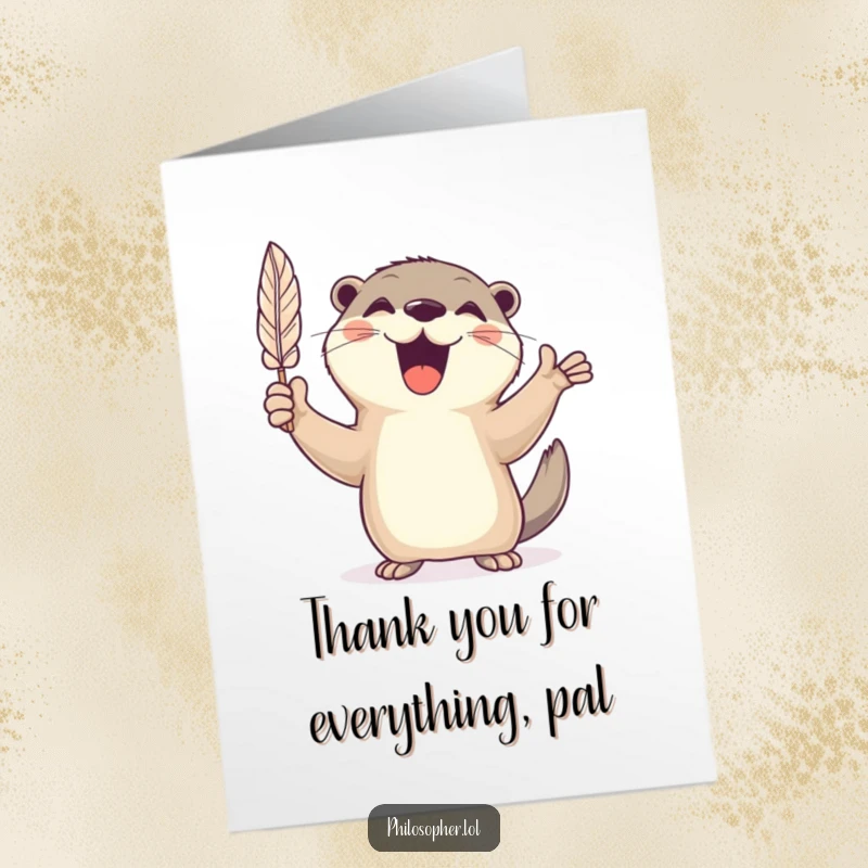 Funny Free Printable Thank You Card: Cheerful otter energetically writing with a feather quill, showing thanks.
