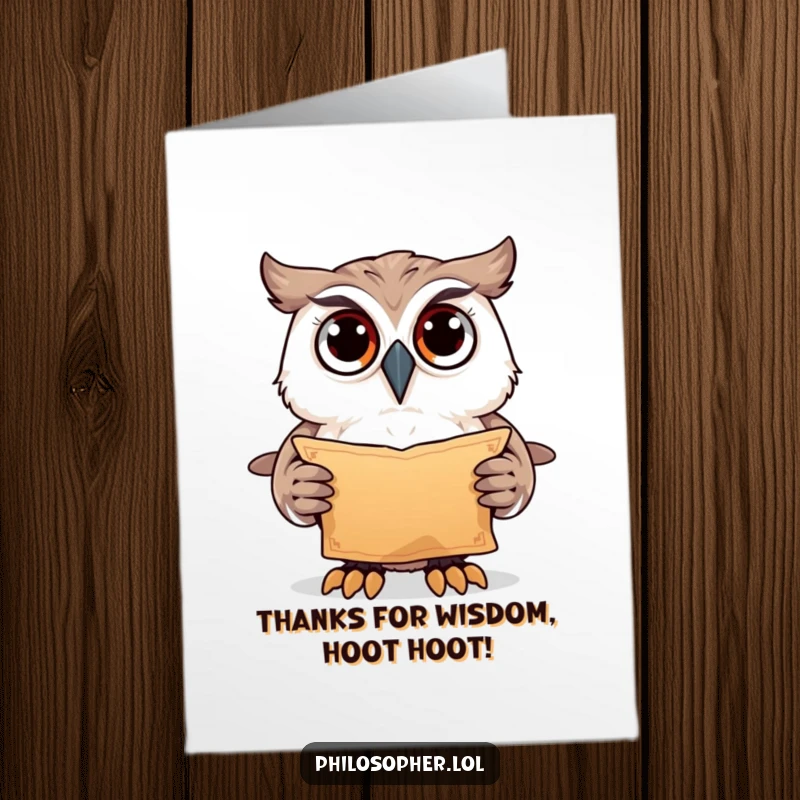 Funny Free Printable Thank You Card: A curious owl holding an ancient scroll, conveying thanks. DIY downloadable.