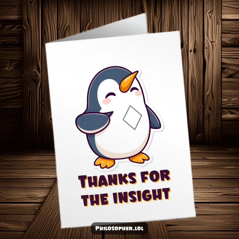 Funny Free Printable Thank You Card: Penguin curiously examining a shape, a downloadable gift for expressing thanks.