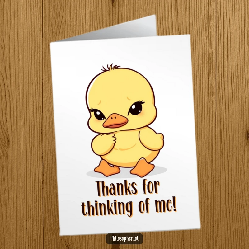 Funny Free Printable Thank You Card: A wobbly duckling looks pensive with furrowed brows, a thoughtful thank you.