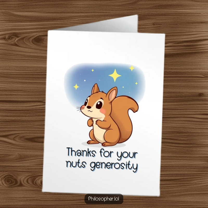 Funny Free Printable Thank You Card: A determined squirrel gazing at the starry sky, expressing deep thanks.