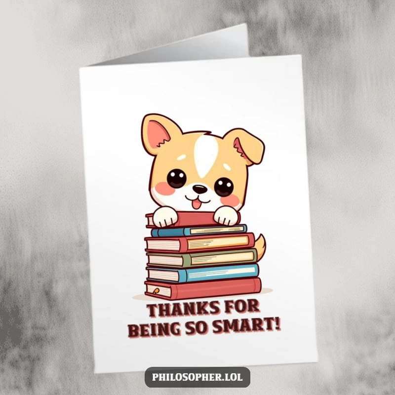 Funny Free Printable Thank You Card: A dog stoically balances philosophy books, offering thanks with bookish charm. Unique gratitude gift.