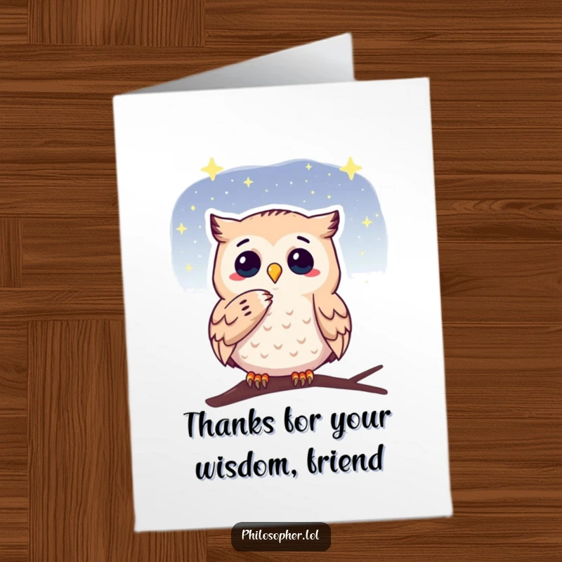 Funny Free Printable Thank You Card: A wise owl contemplates the stars, offering thanks thoughtfully.