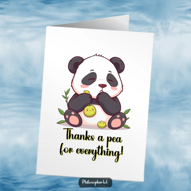 Funny free printable thank you card illustrating a panda giving a single pea serious, thoughtful consideration.