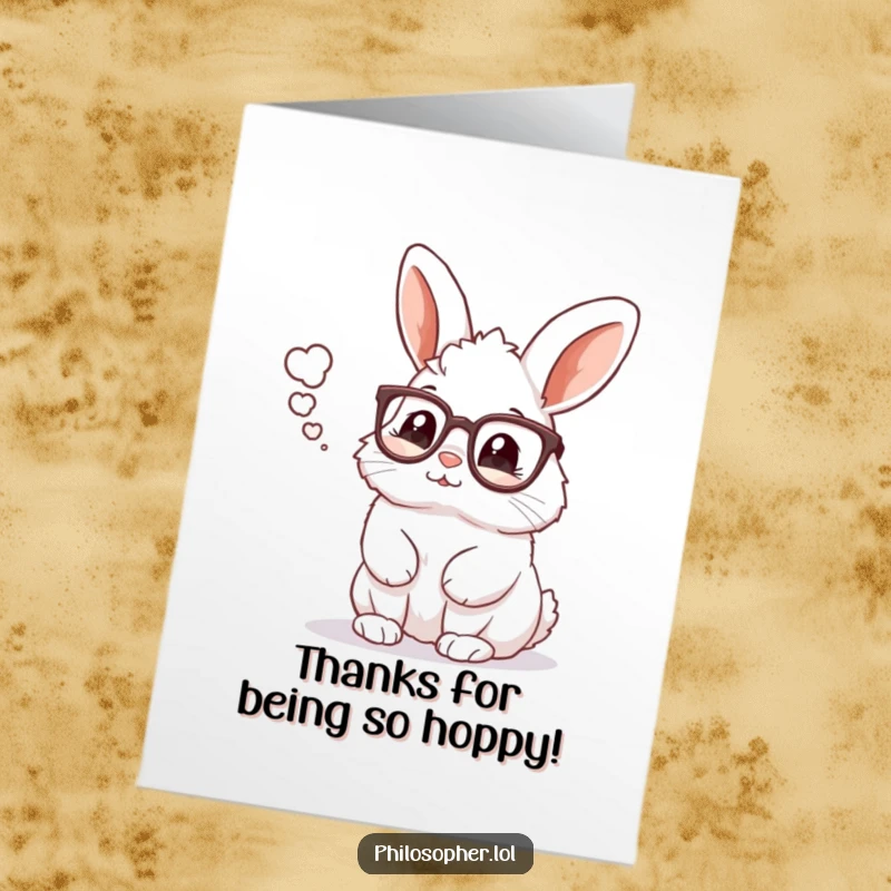 Funny Free Printable Thank You Card: Rabbit with glasses deep in thought with a bubble, thanking someone. DIY downloadable.