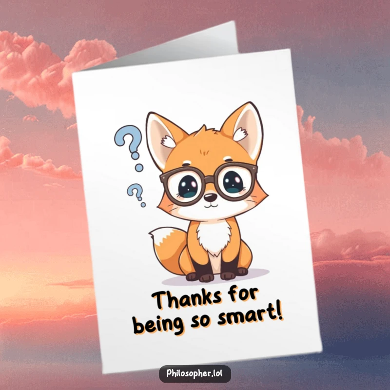 Funny Free Printable Thank You Card: A fox cub wearing glasses contemplates a question mark, expressing thoughtful thanks.