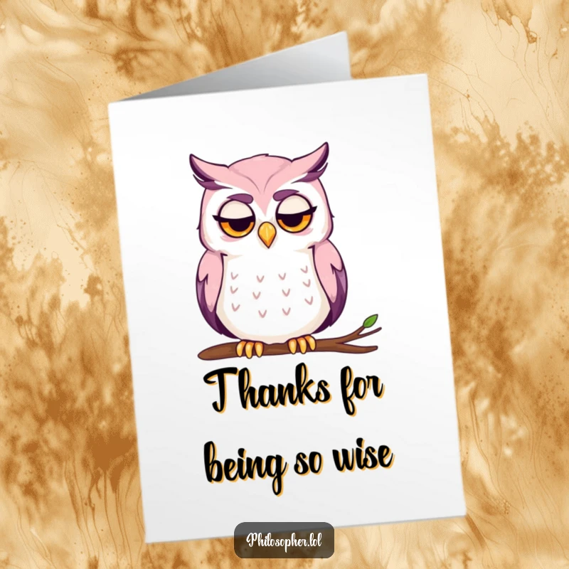 Funny Free Printable Thank You Card: A contemplative owl with a furrowed brow thoughtfully stroke its chin, saying thank you.