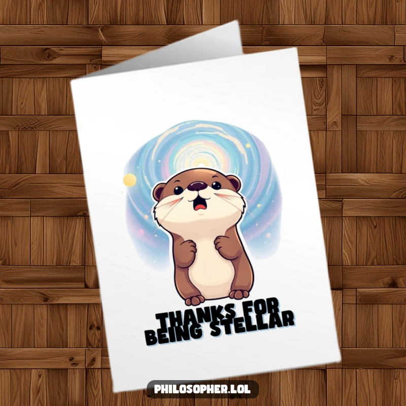 Funny Free Printable Thank You Card: An excited otter captivated by a swirling galaxy, a unique thank you.