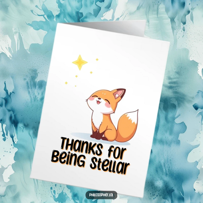 Funny Free Printable Thank You Card: A happy fox gazing with delight at a distant, twinkling star, conveying thanks.