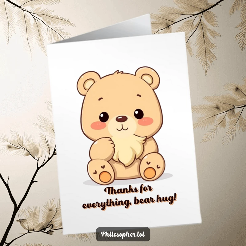 Funny Free Printable Thank You Card: A happy bear thoughtfully stroking his beard, expressing thanks. DIY downloadable.