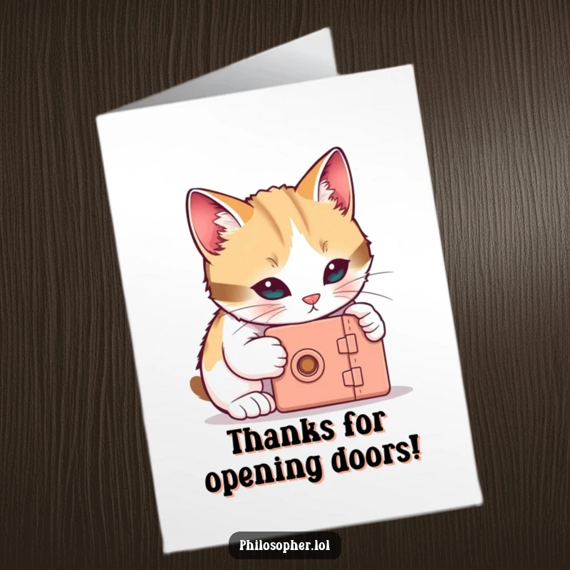 Funny Free Printable Cat Thank You Card: A curious cat tries to unlock a tiny box, sending thanks with playful intrigue.