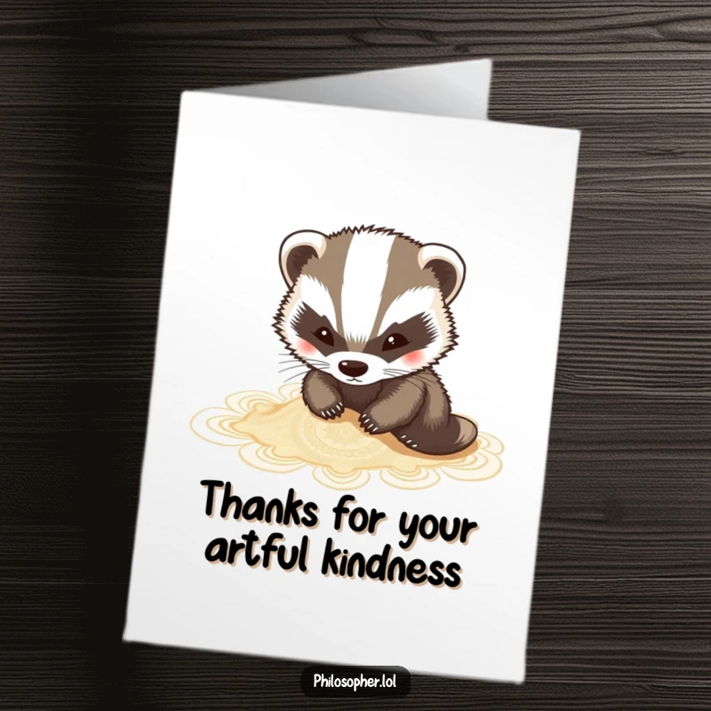 Funny Free Printable Thank You Card with a charming badger sketching elaborate patterns in the sand, expressing gratitude.