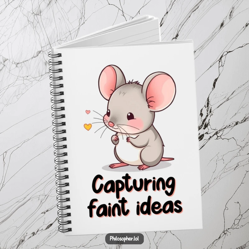 Funny notebook with a shy mouse intently listening to an echo, designed for capturing quiet thoughts and notes.