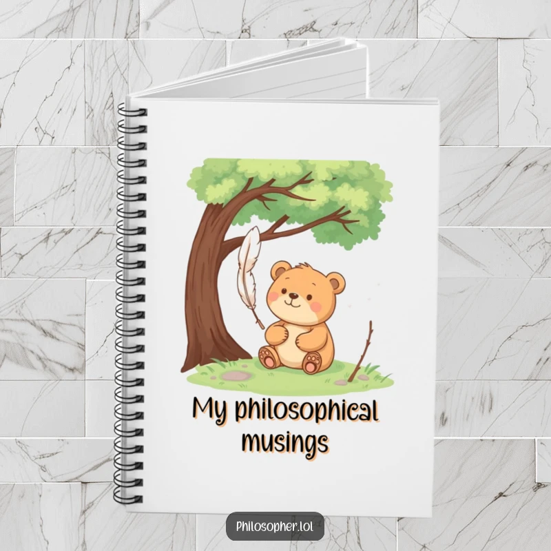 Funny happy bear sits under a tree, pondering a floating feather on a notebook cover, perfect for jotting down peaceful thoughts.