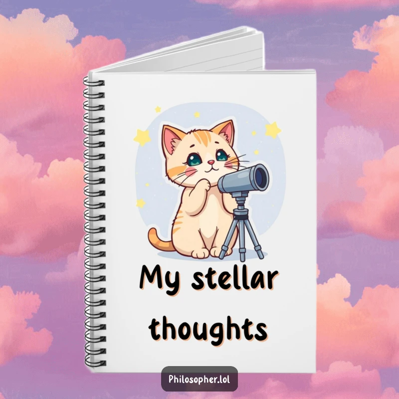 Funny notebook cover featuring a curious cat using a telescope to look at stars, ideal for journaling celestial thoughts.