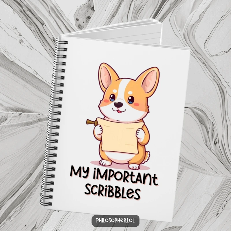 Funny corgi notebook for recording thoughts, featuring a determined corgi holding a tiny scroll with humor.