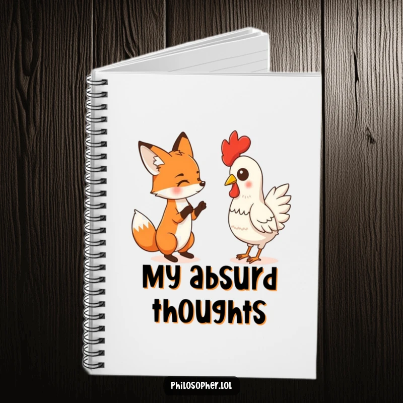 Funny notebook featuring a fox in a debate with a rubber chicken, perfect for jotting down hilarious thoughts, ideas, and silly notes.