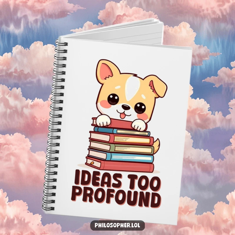 Funny dog looking wise and balancing a stack of philosophy books, a humorous notebook for jotting down brilliant ideas.