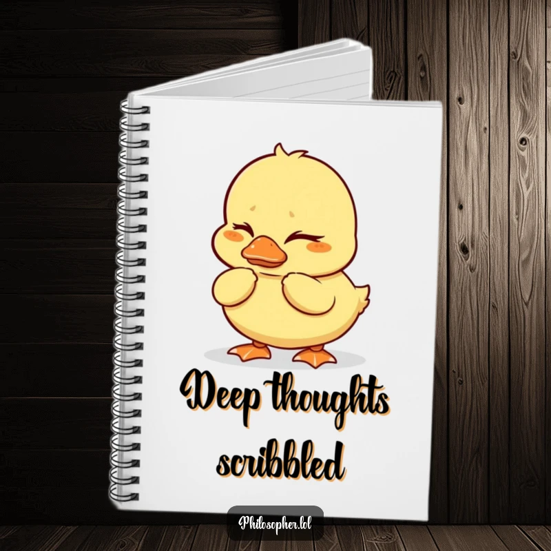 Funny duckling notebook featuring a wobbly duckling deeply thinking with furrowed brows, perfect for humorous journaling.