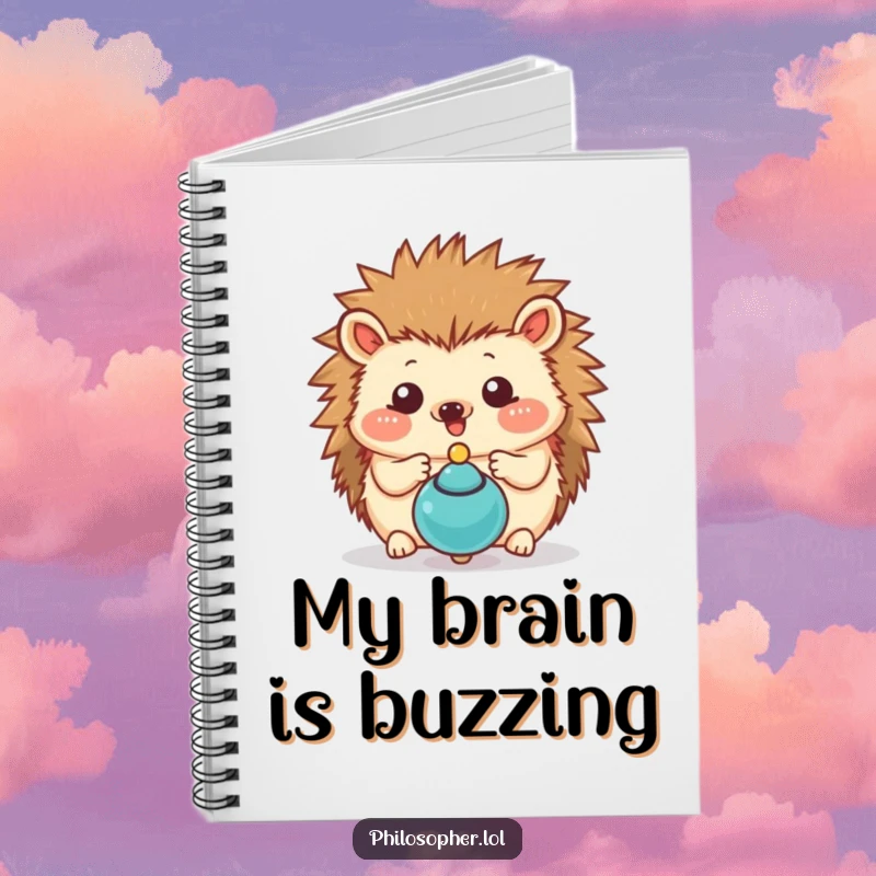 Funny hedgehog notebook featuring a happy hedgehog contemplating a spinning top, ideal for note-taking and doodling.