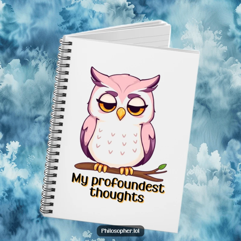 Funny notebook with a contemplative owl with a furrowed brow, chin stroked, deep in thought.
