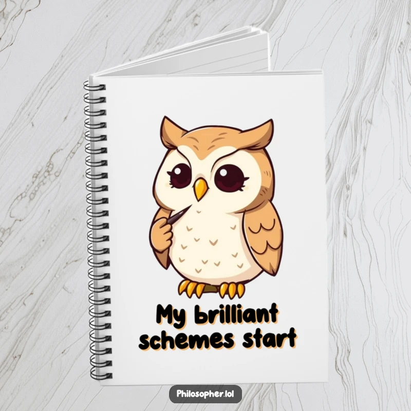 Funny Owl Notebook: An owl strokes its chin thoughtfully. This humorous notebook is perfect for jotting down profound ideas, a funny gift.