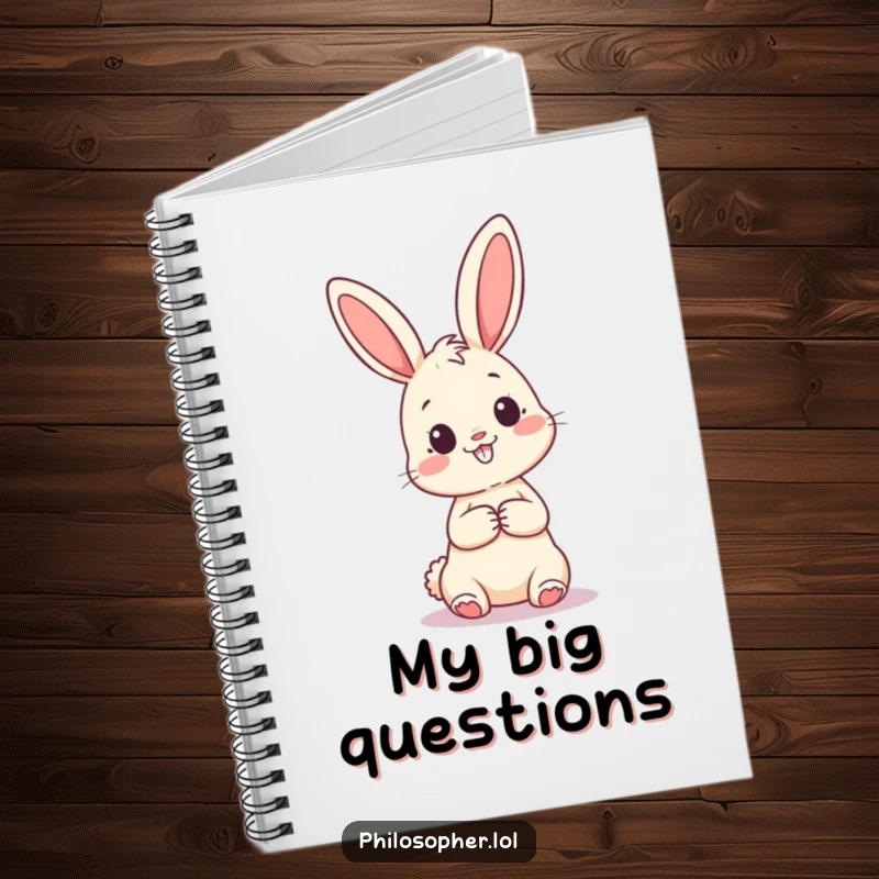 Funny notebook cover featuring a happy bunny gazing at a giant question mark, inspiring curiosity, thought, and creative writing.