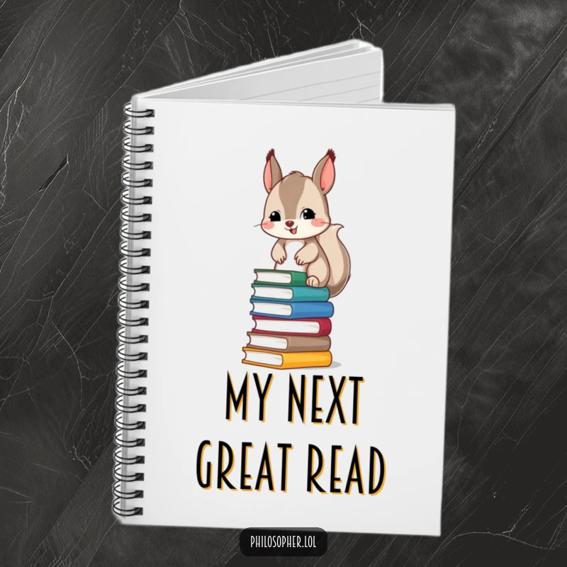 Funny notebook cover featuring a mischievous squirrel expertly balancing a large stack of books, ideal for journaling and creative writing.