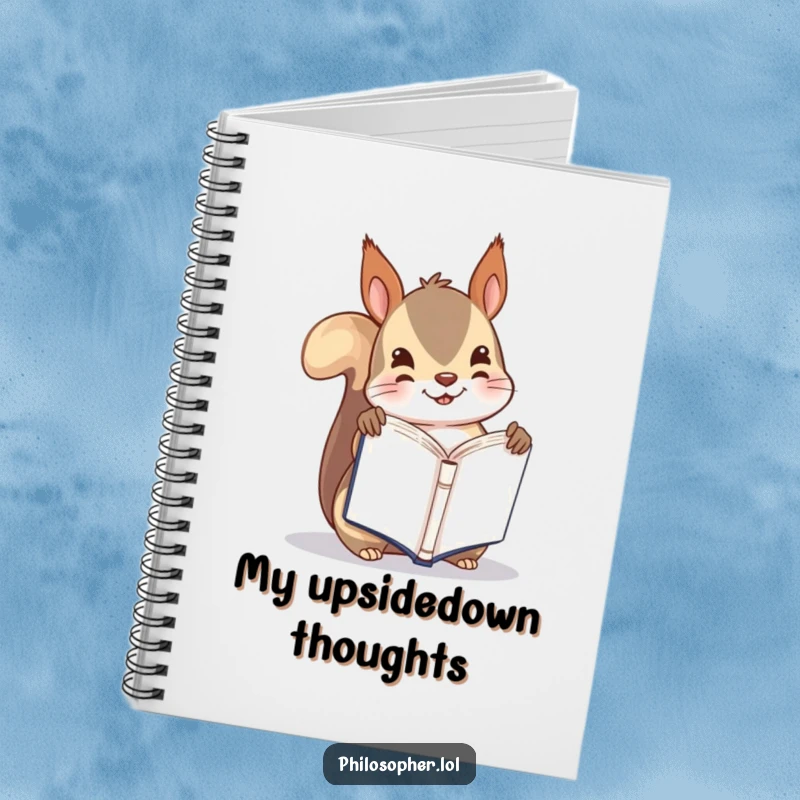Funny notebook with a playful squirrel holding a tiny book upside down, perfect for writing down quirky ideas.