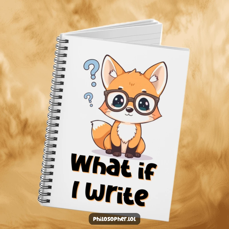 Funny notebook with a curious fox cub wearing spectacles, pondering a question mark, ideal for journaling and capturing brilliant ideas.