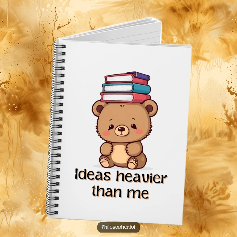 Funny bear cub with philosophy books on its head, designed on a notebook cover, ideal for writing and study.