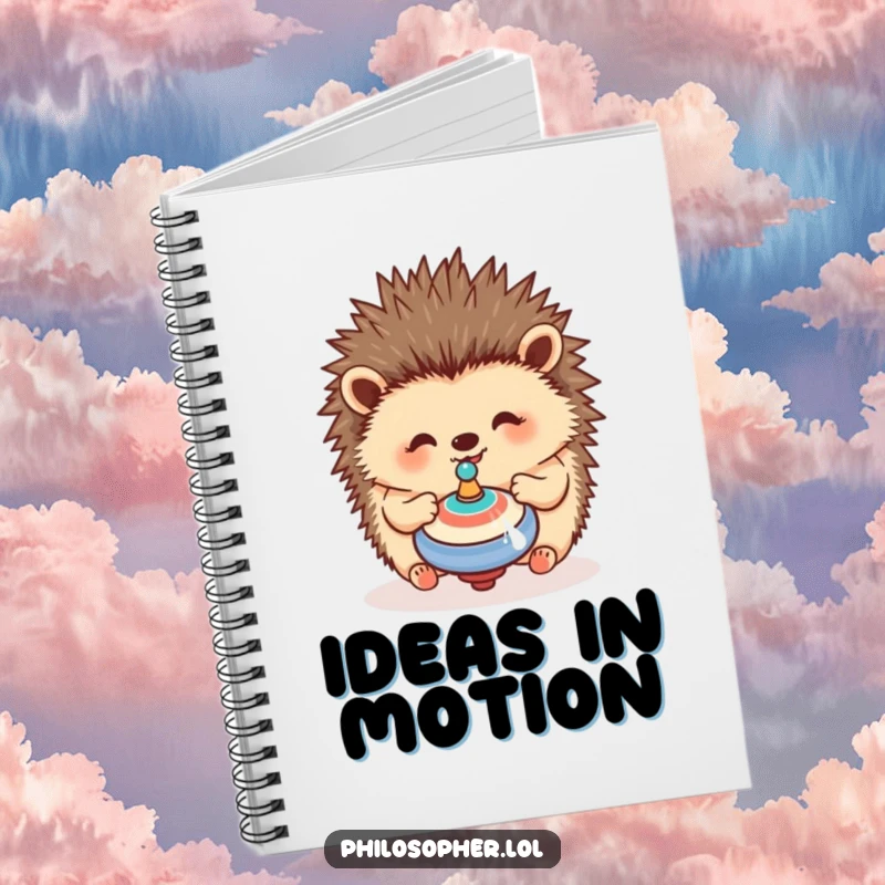 Funny hedgehog notebook featuring a happy hedgehog contemplating a spinning top, perfect for humorous journaling.