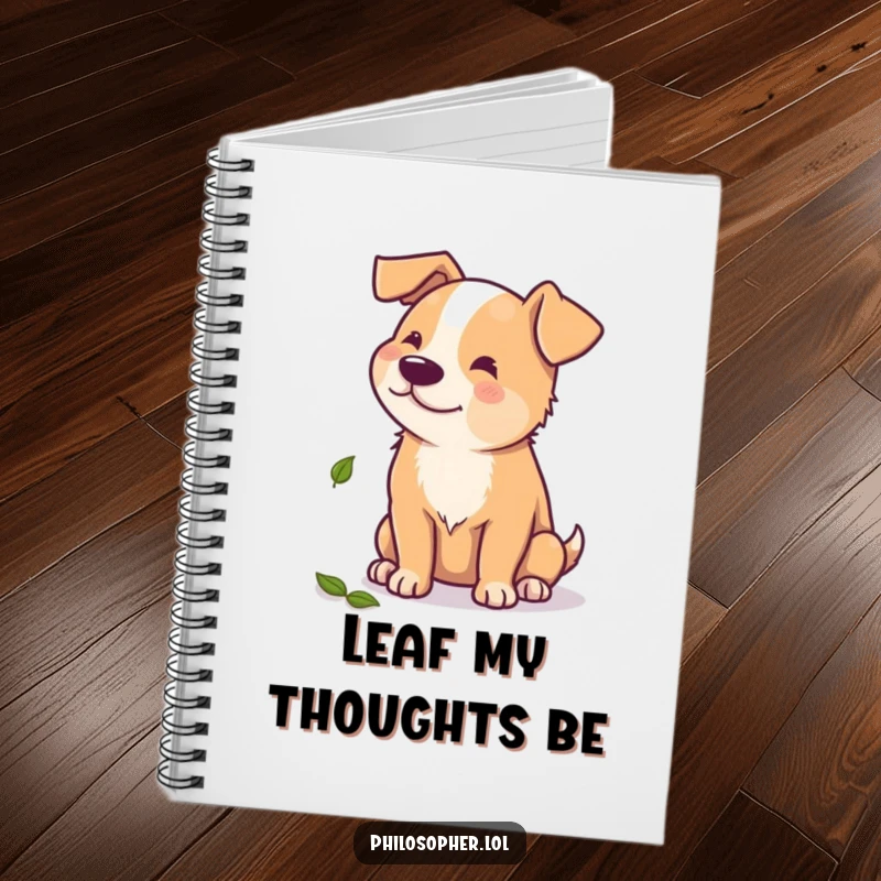 Funny notebook cover with a beaming dog pondering a single autumn leaf, perfect for jotting down ideas with a smile.